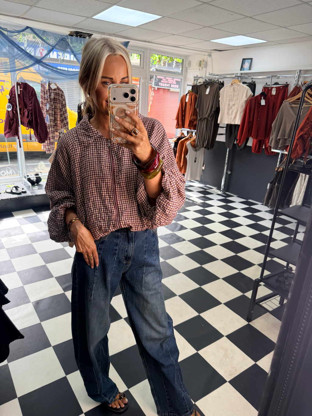 Plaid Slouchy Bomber Wine