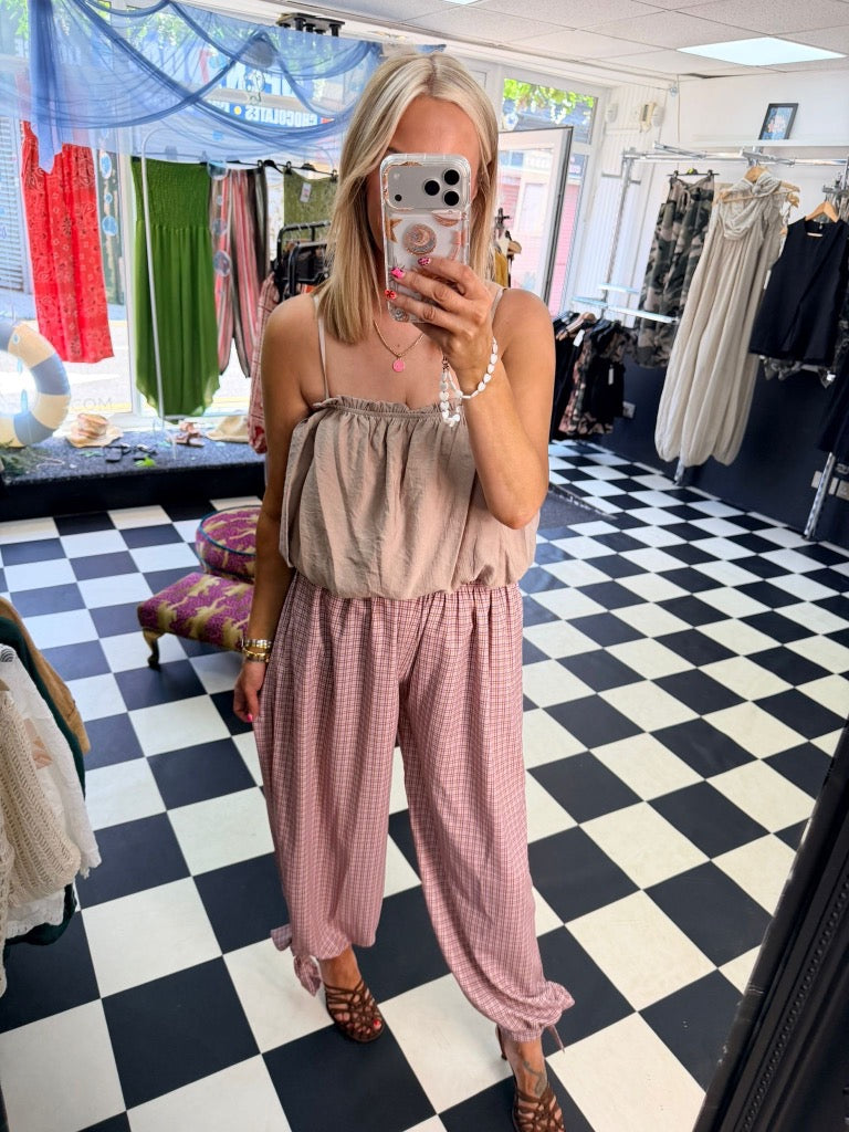 Check Tie Hem Trousers Rose Pink