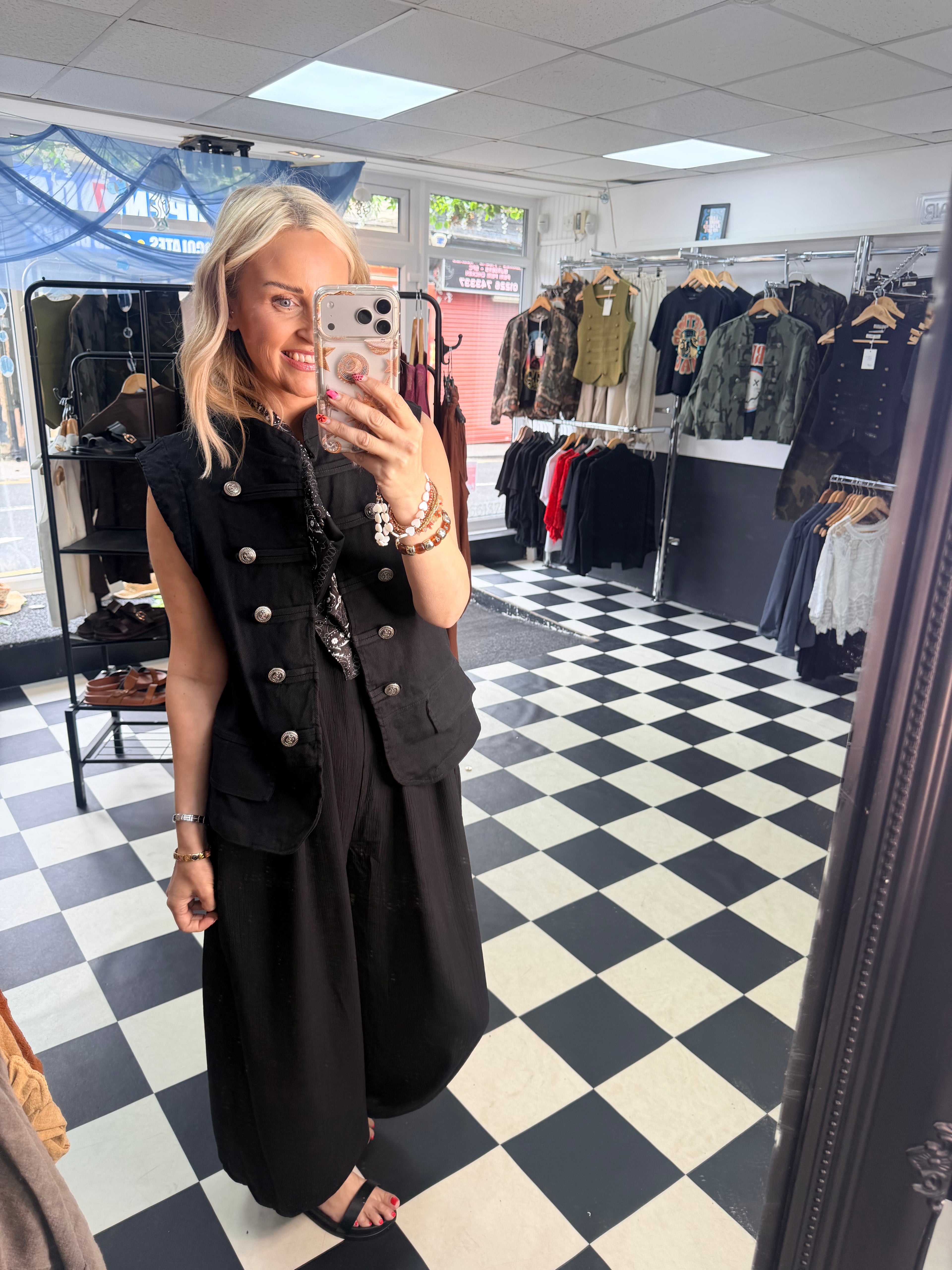Denim Military Waistcoat Black