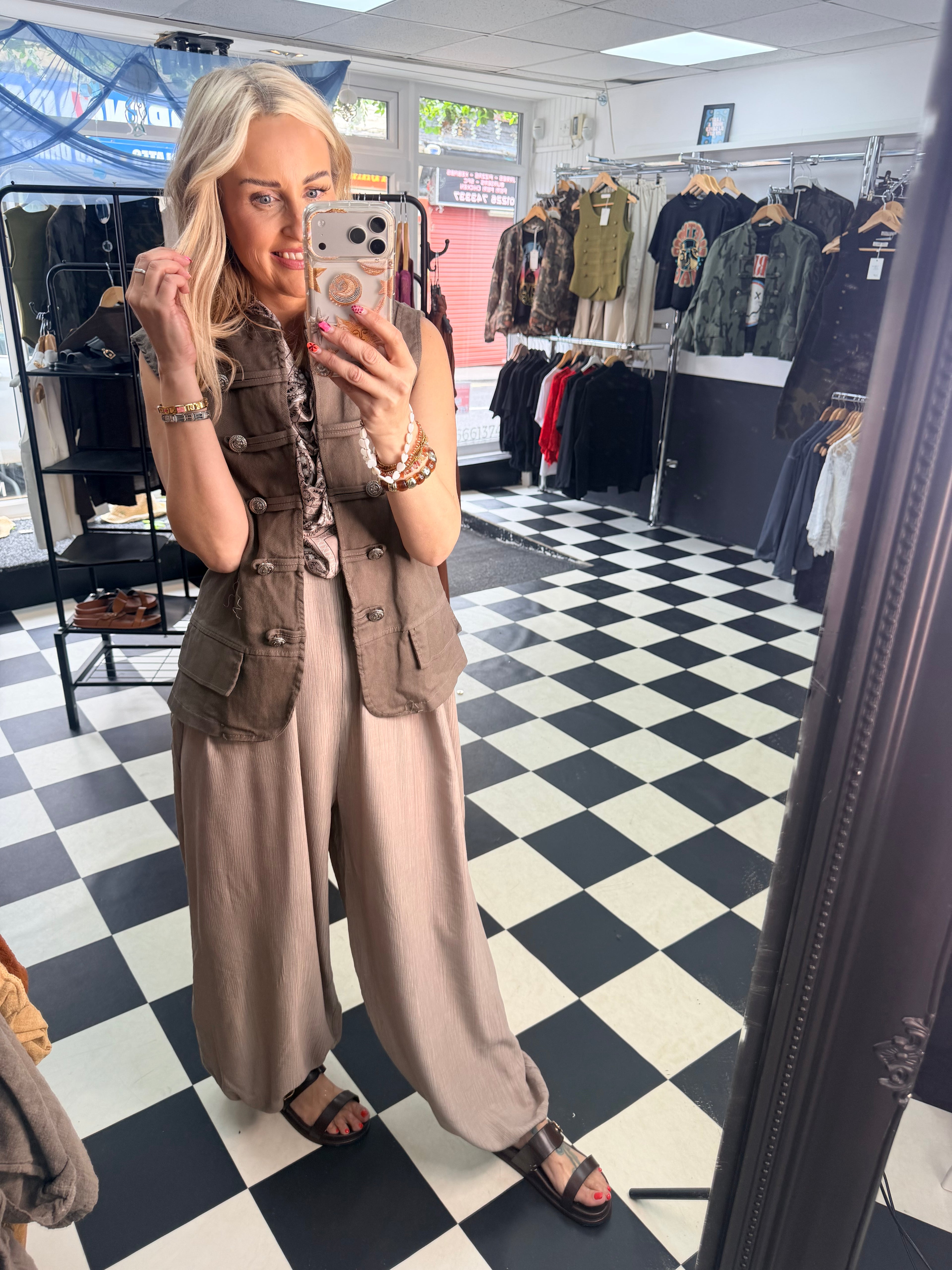 Denim Military Waistcoat Mocha