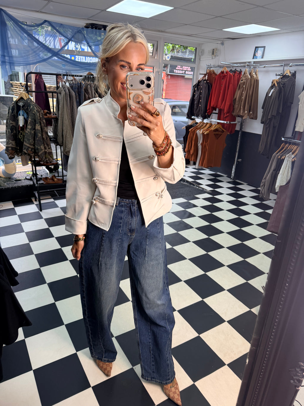 Cropped Military Long Sleeve Blazer Cream