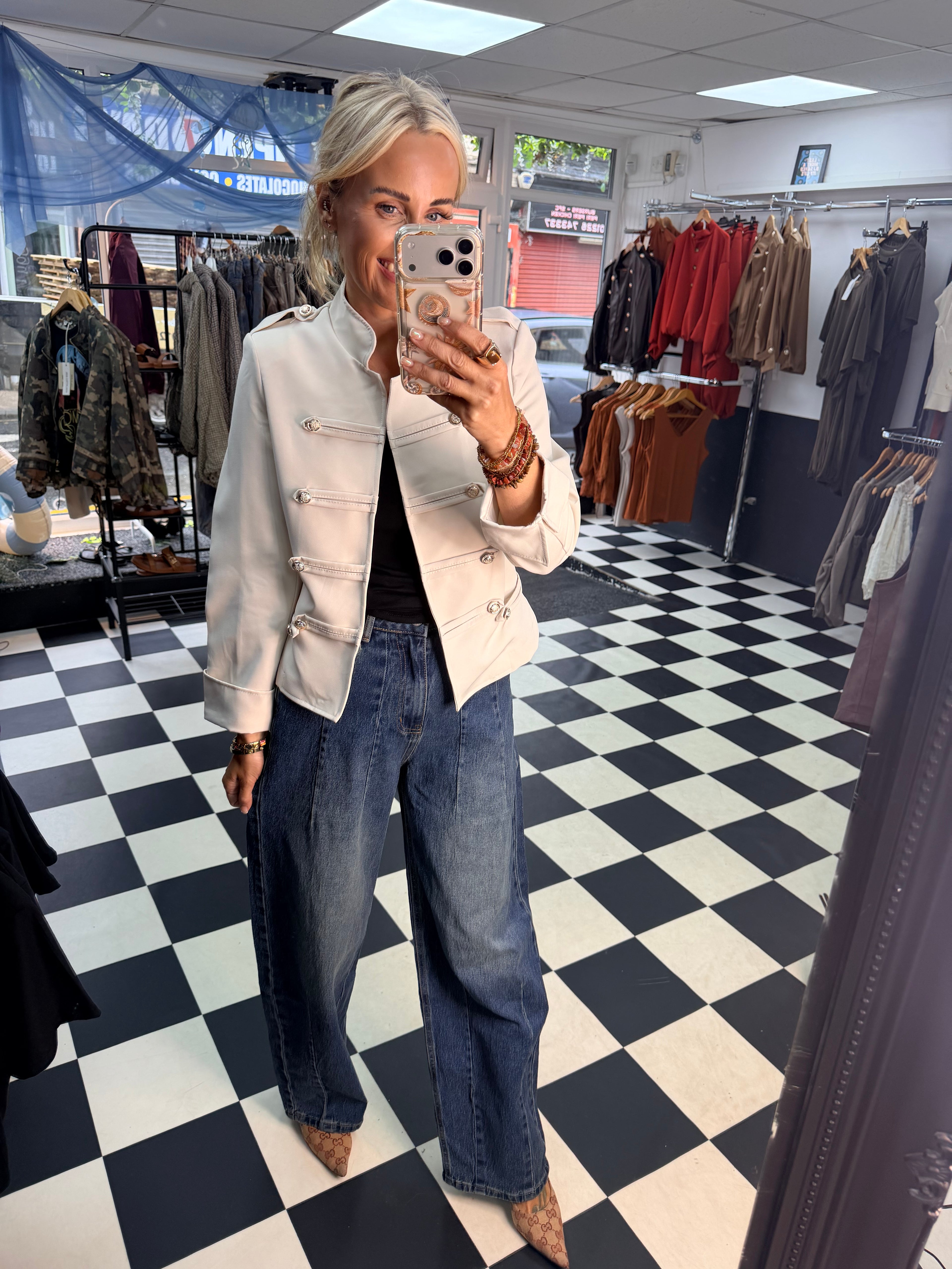 Cropped Military Long Sleeve Blazer Cream
