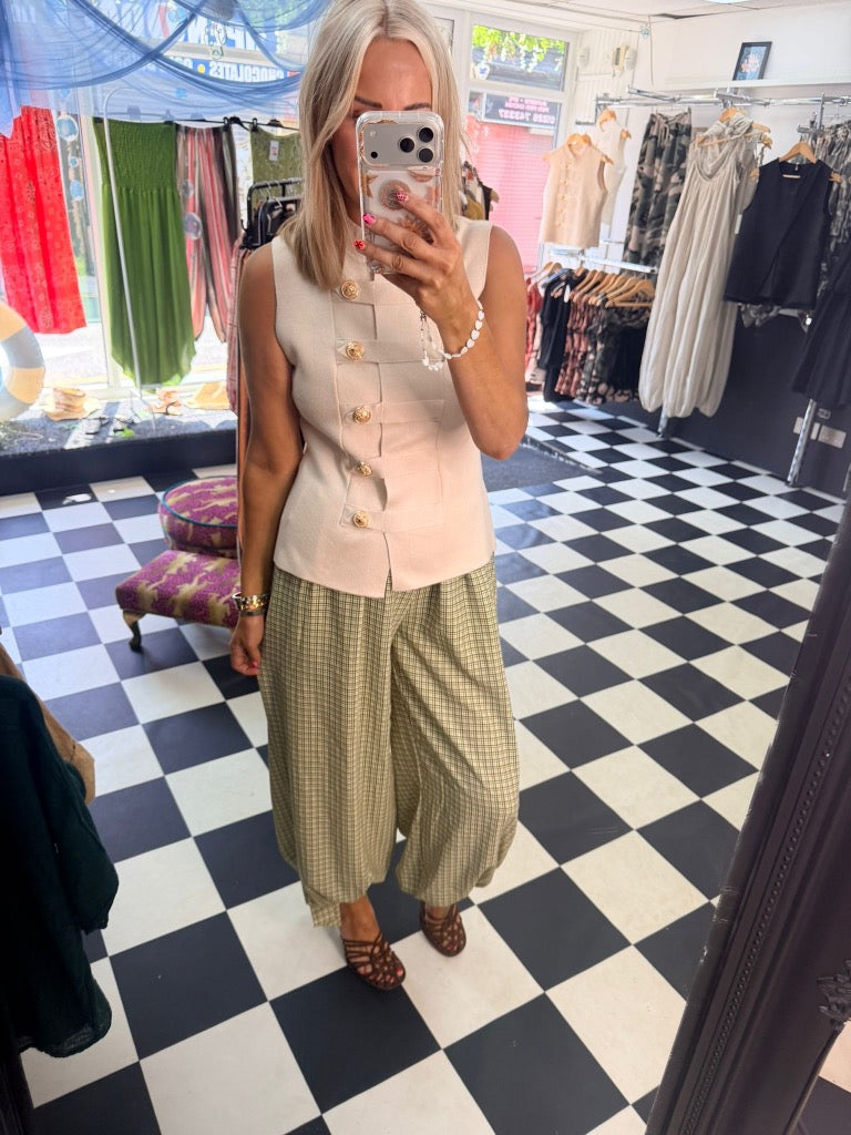 Check Tie Hem Trousers Green