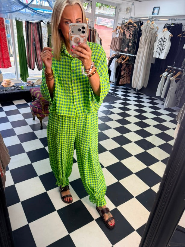 Neon Gingham Shirt Blue and green