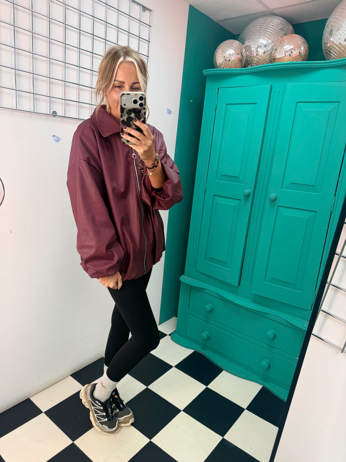 City Chic Leather-Look Bomber Jacket Wine Special Buy