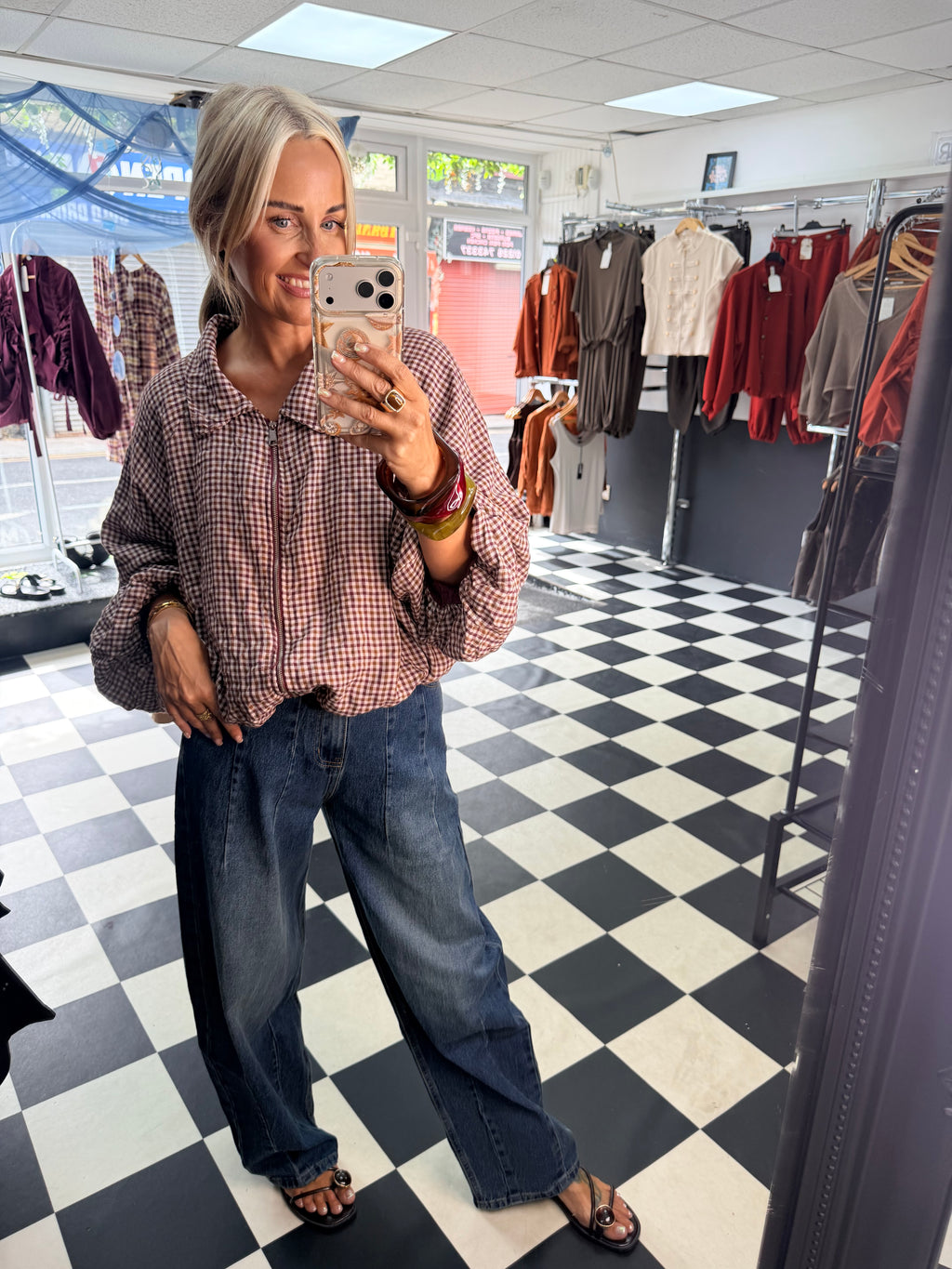 Plaid Slouchy Bomber Wine
