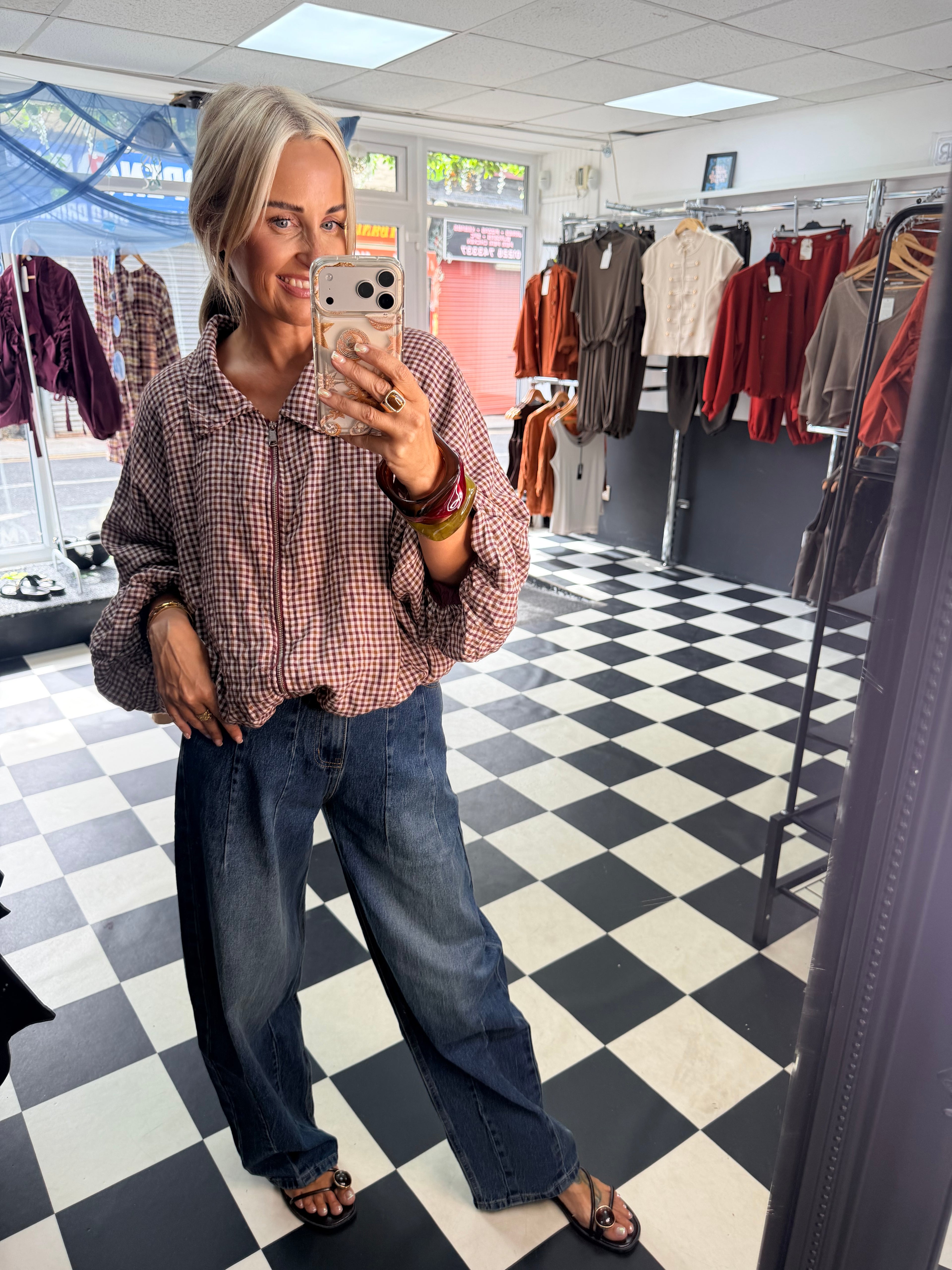 Plaid Slouchy Bomber Wine