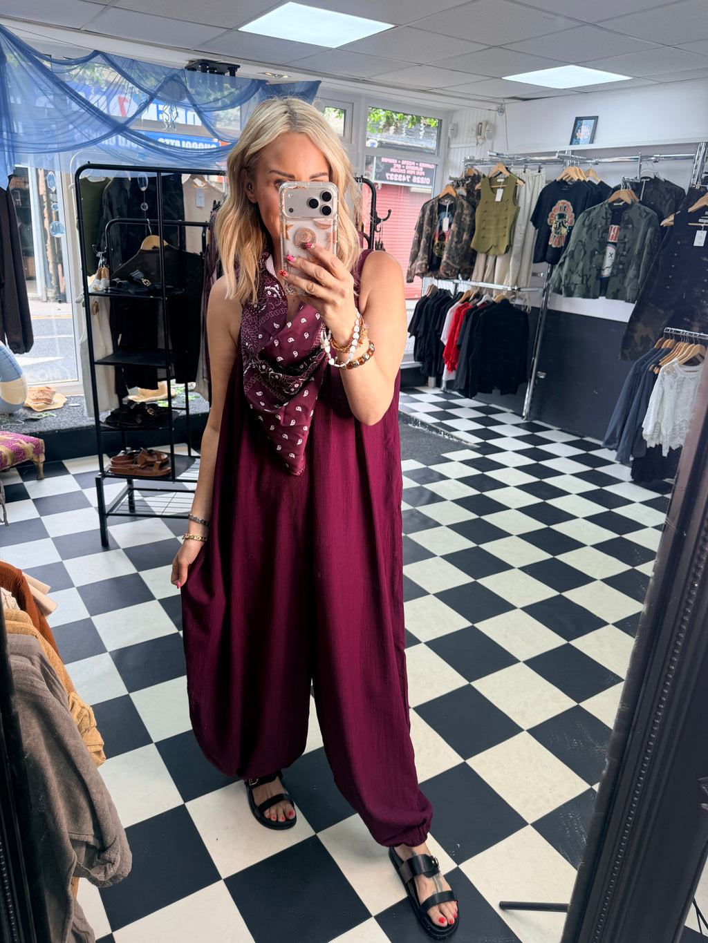 Bandana Scarf Jumpsuit Wine