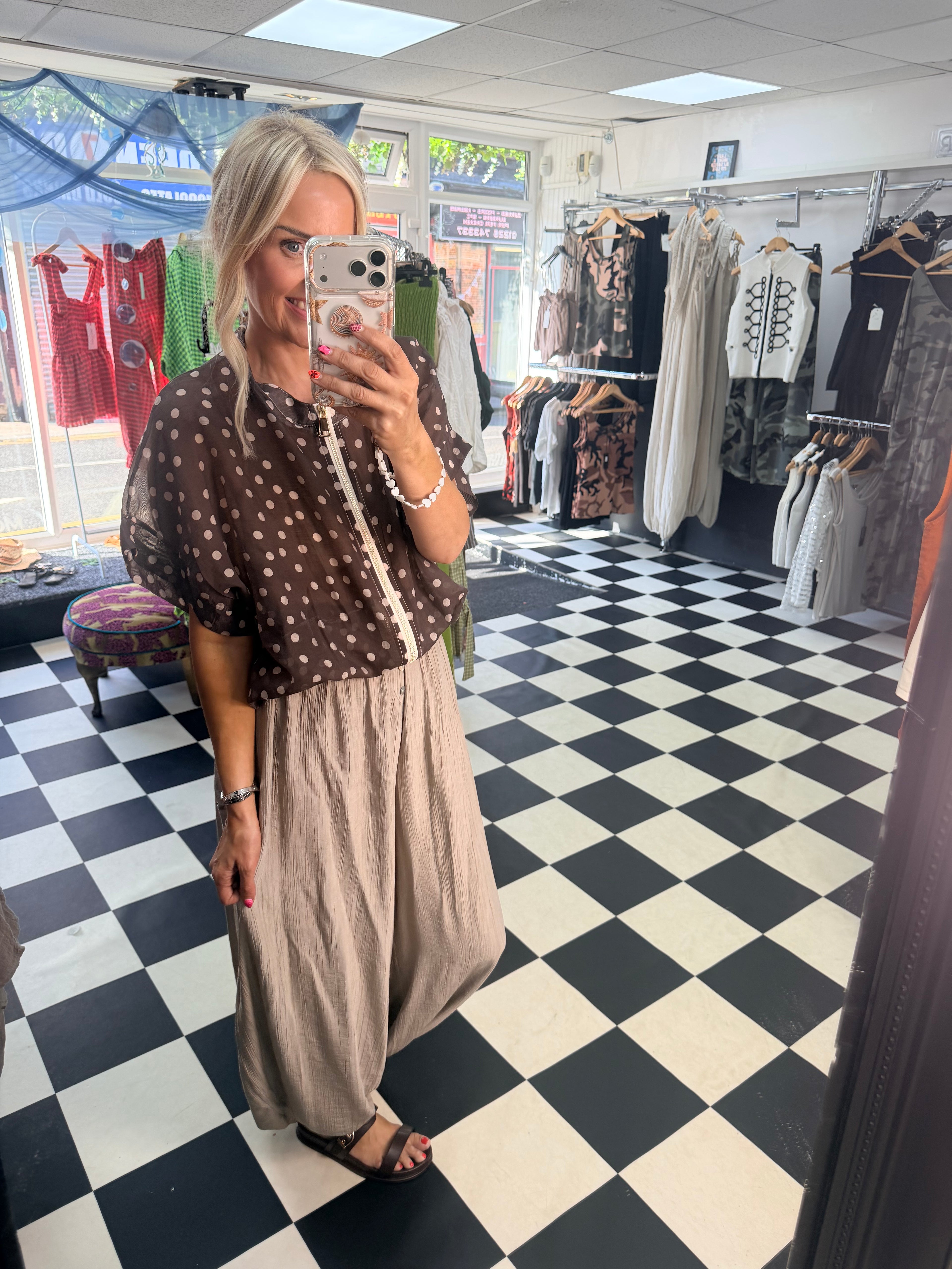 Lightweight Cropped Sleeve Jacket - Chocolate Polka Dot