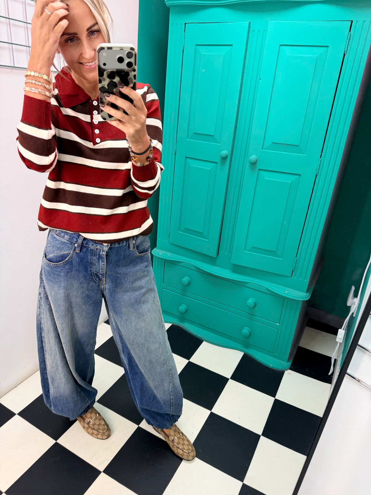 The Stripe Club Polo Jumper Wine-Choc-Cream Special buy
