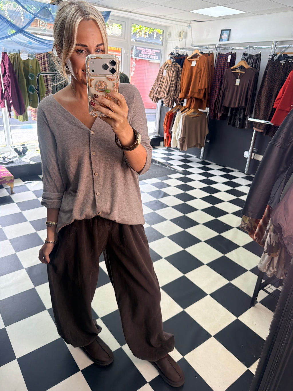 V Neck Cardigan Taupe
