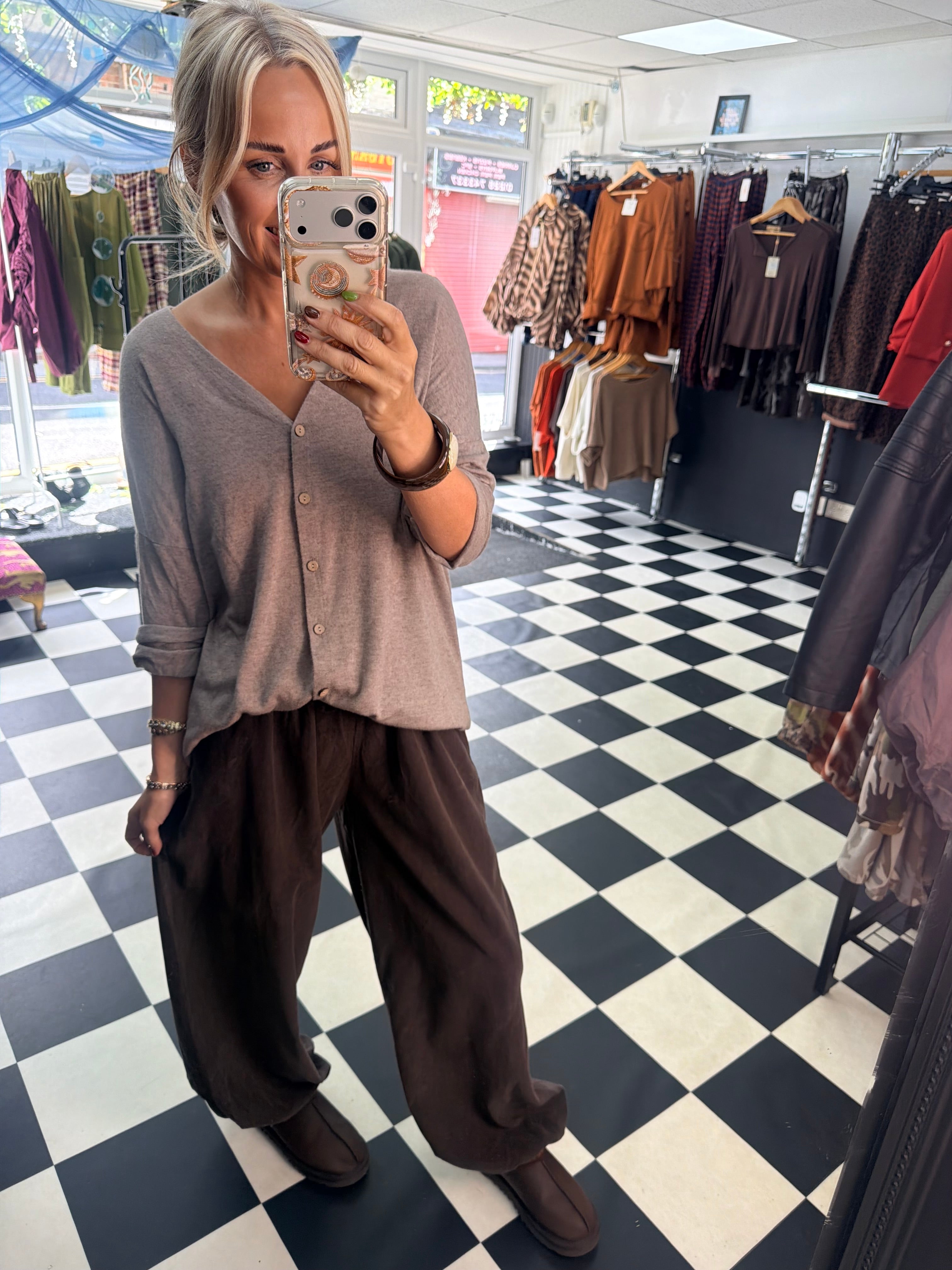 V Neck Cardigan Taupe