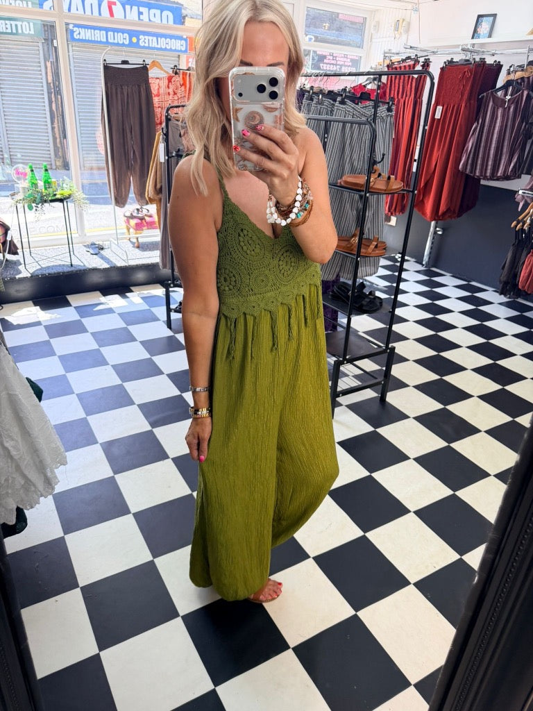 Boho Crochet Jumpsuit Green