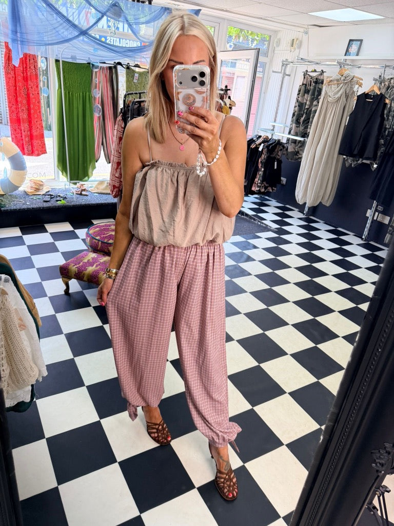 Check Tie Hem Trousers Rose Pink