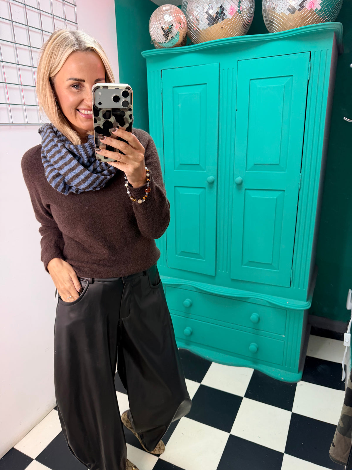 Blue and Mocha stripe knit scarf