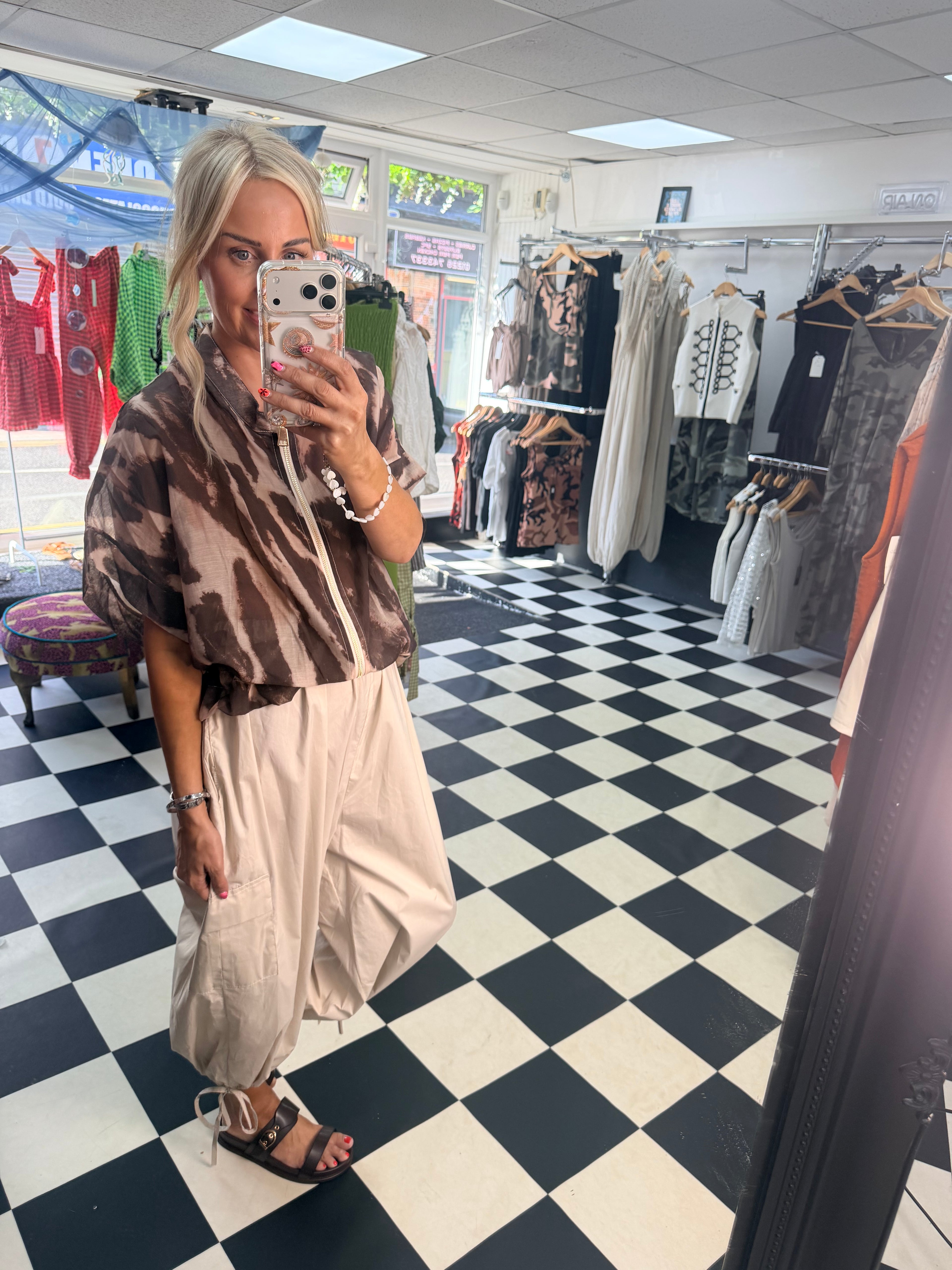 Lightweight Cropped Sleeve Jacket - Coffee and Cream