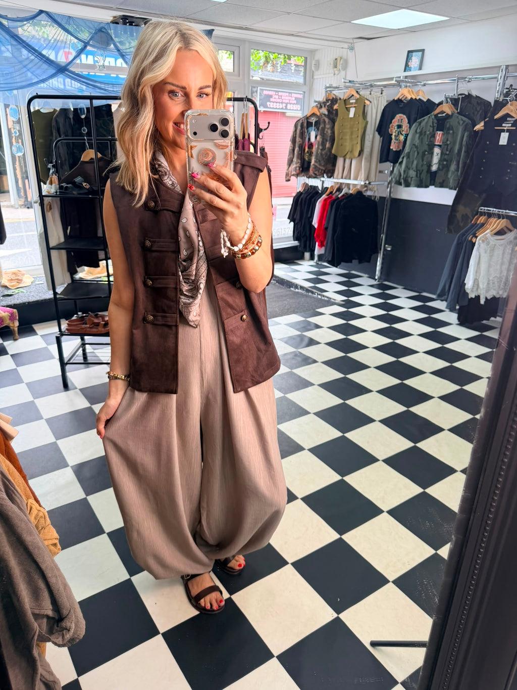 Faux suede military waistcoat -chocolate
