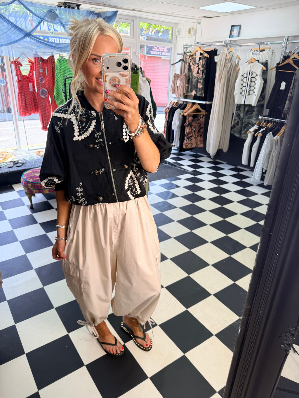 Cargo Trousers crop with tie hem Cream