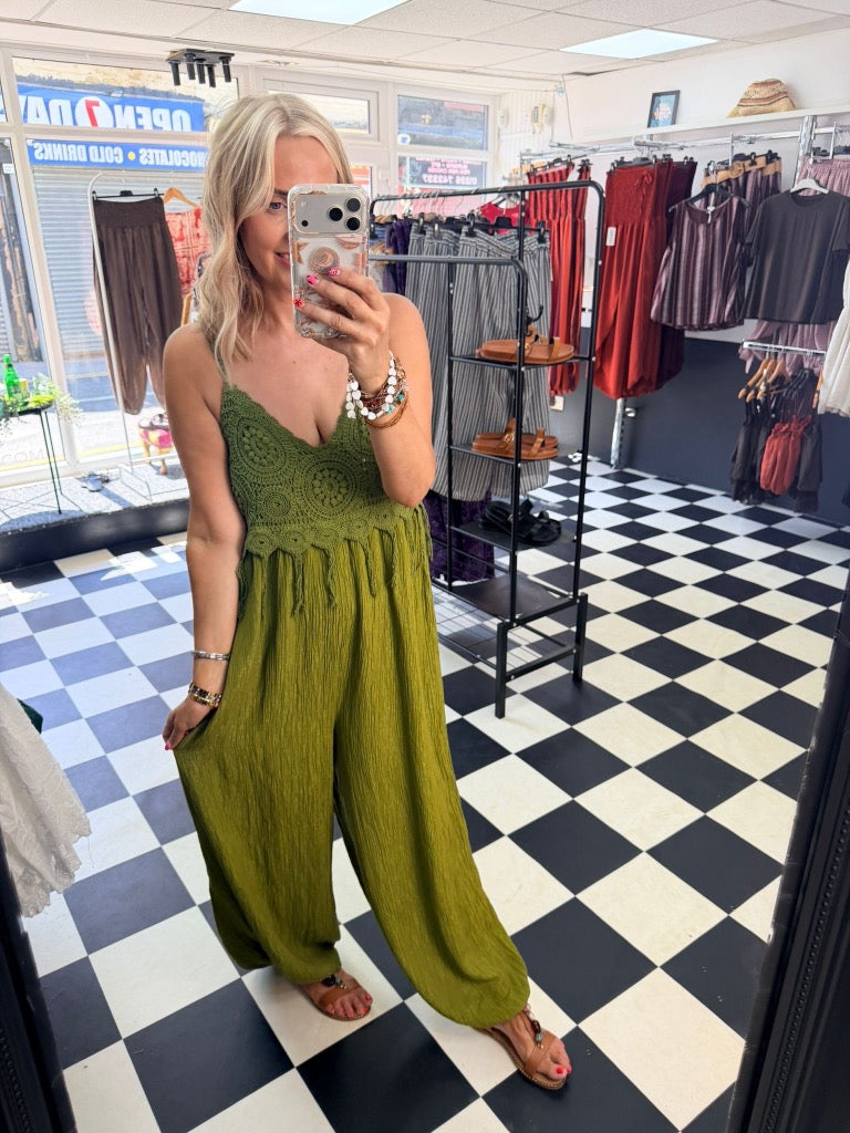 Boho Crochet Jumpsuit Green