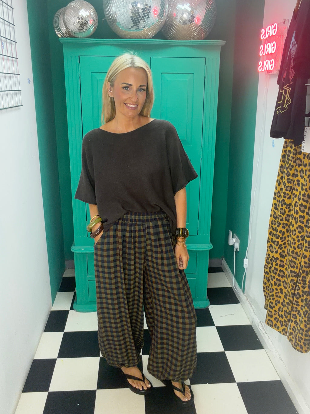 Autumn Check Balloon Trousers Green/Navy