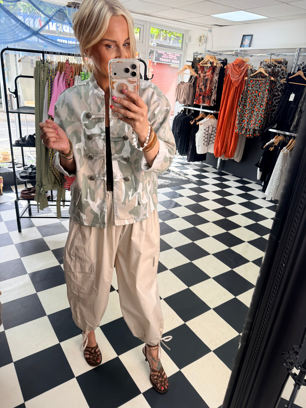 Camo Denim Military Jacket Light Beige