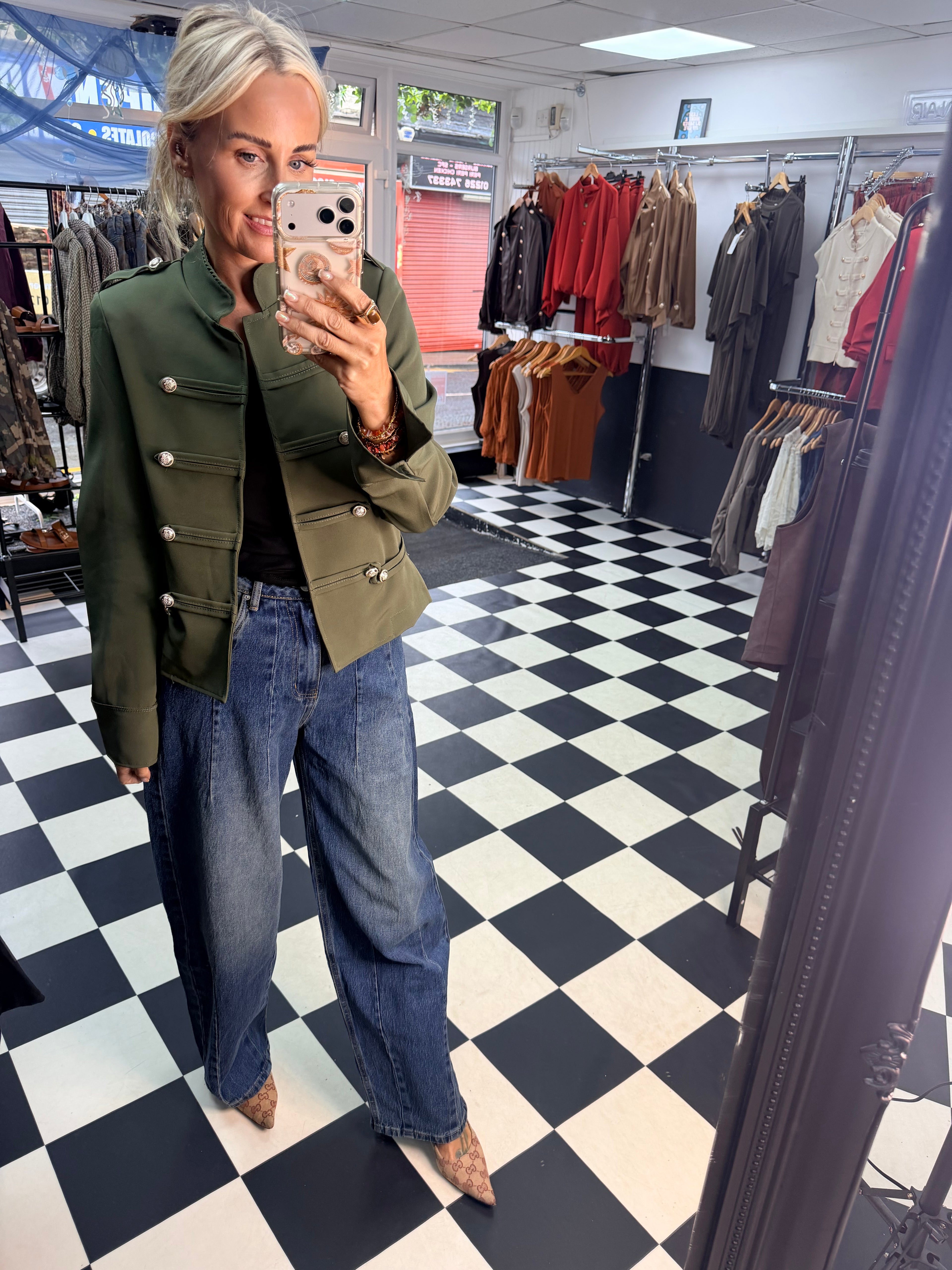 Cropped Military Long Sleeve Blazer Khaki