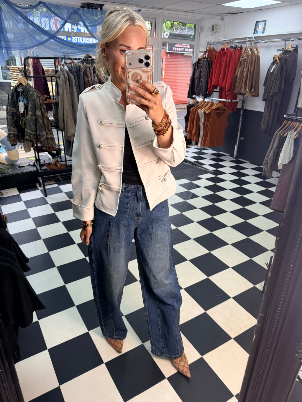 Cropped Military Long Sleeve Blazer Cream