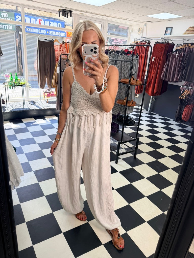 Boho Crochet Jumpsuit Cream