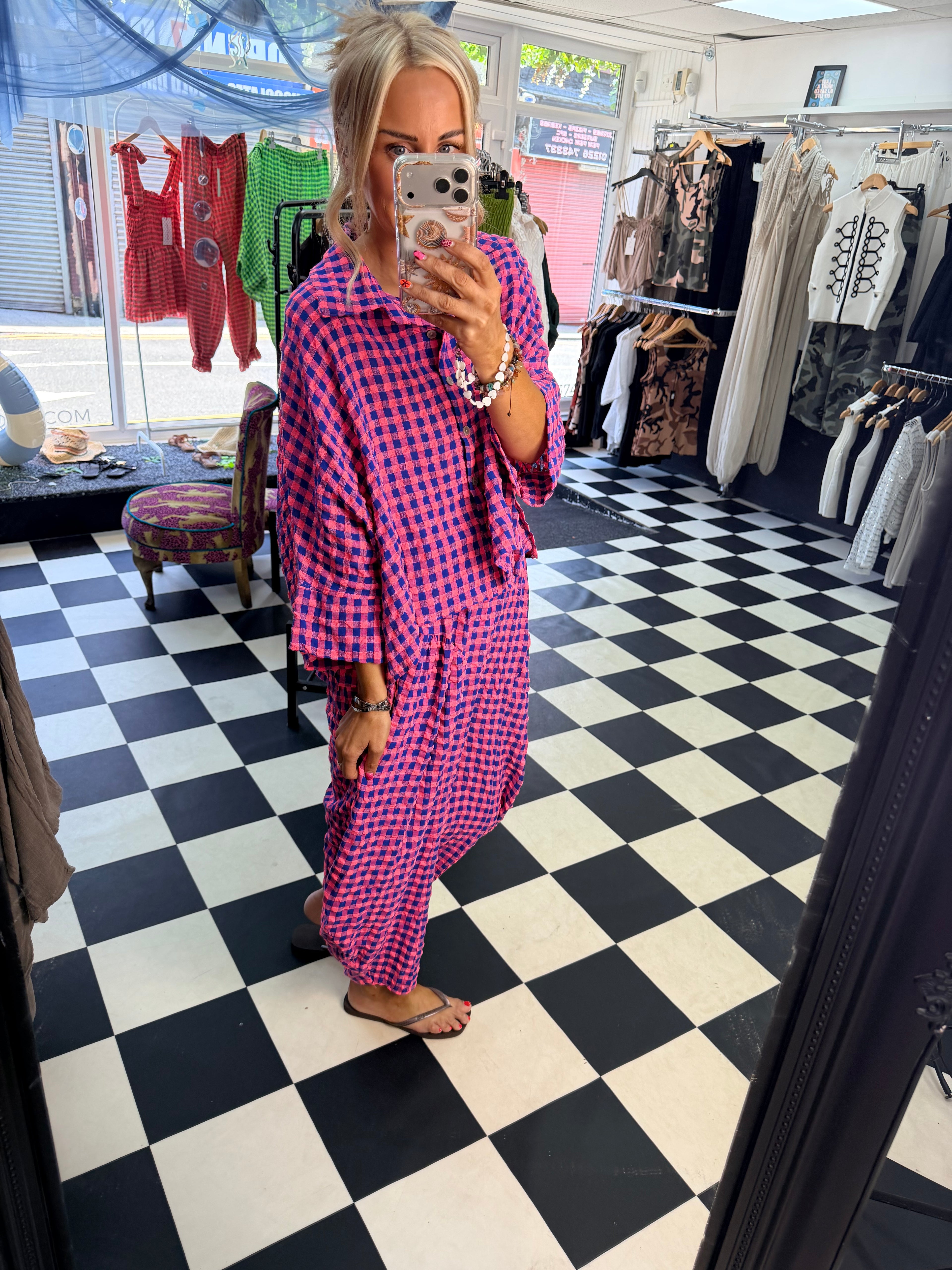 Neon gingham barrel leg trouser Blue and Hot Pink