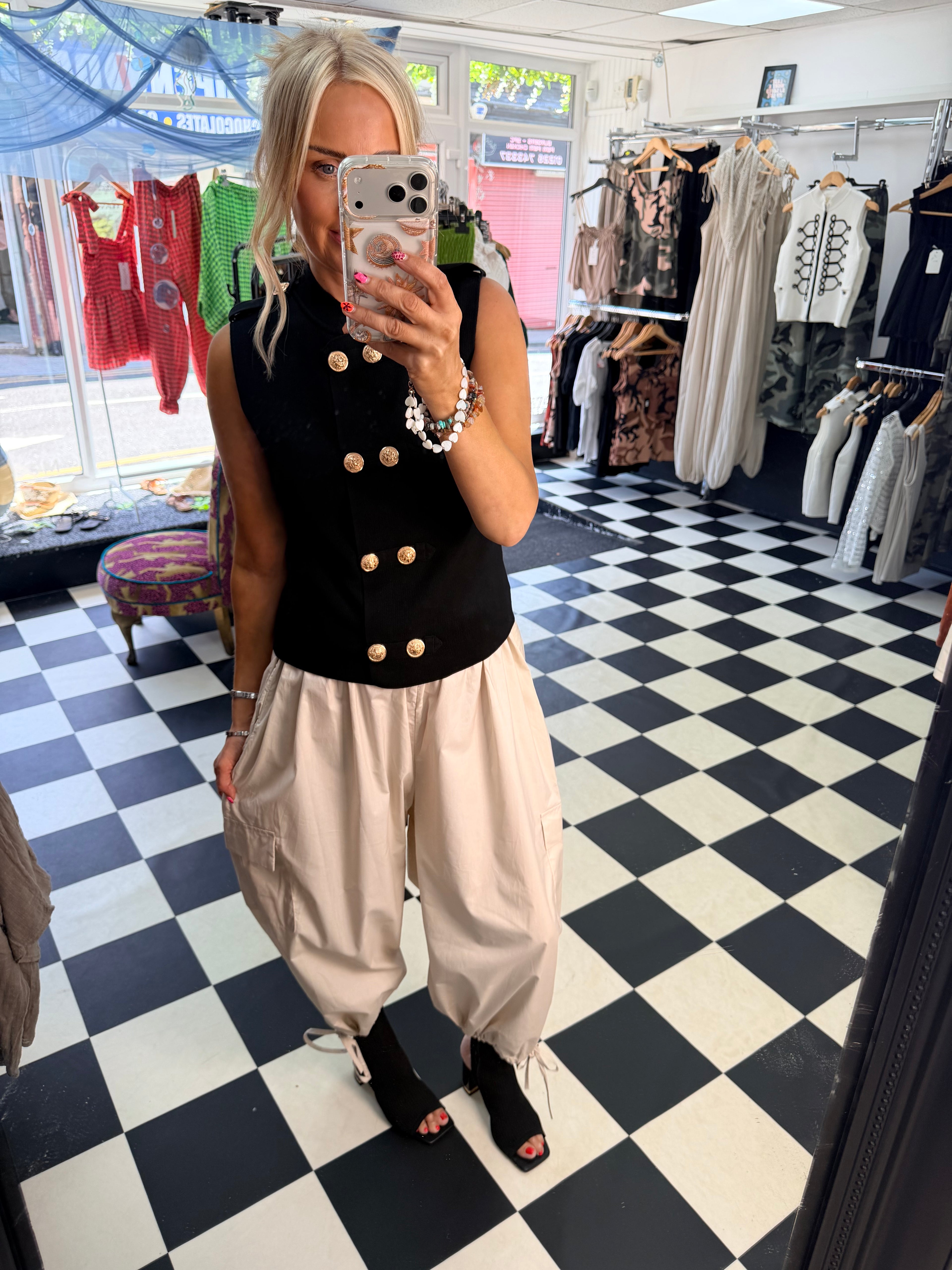 Cargo Trousers crop with tie hem Cream