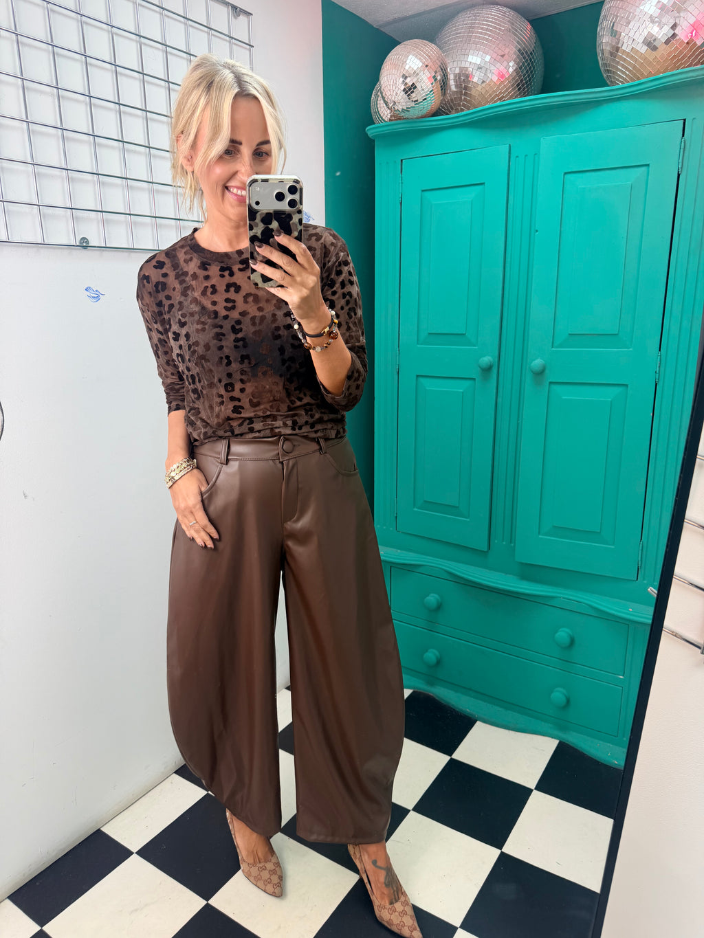 Bella Faux Leather Barrel Trousers Chocolate