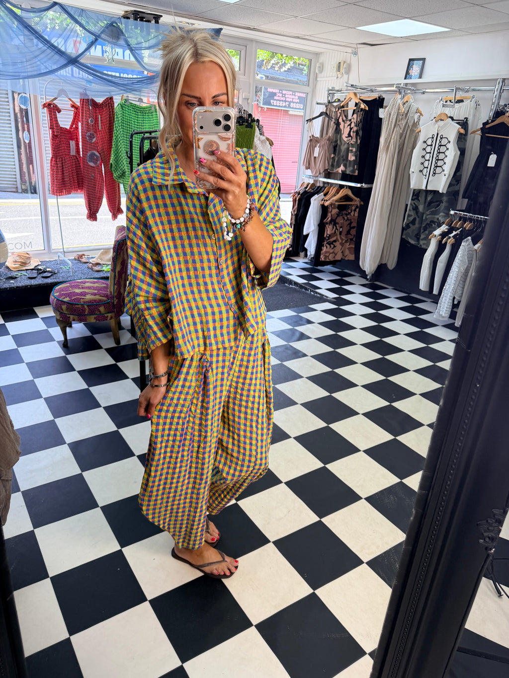 Neon Gingham barrel leg trouser Green and blue