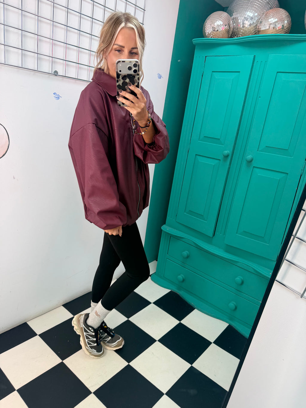 City Chic Leather-Look Bomber Jacket Wine Special Buy