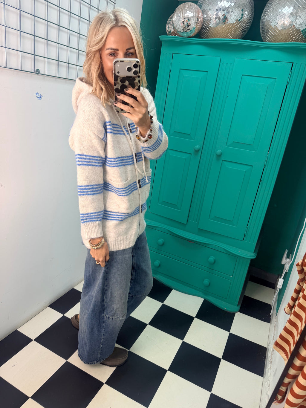 Stipe hooded cardigan Cream and Blue