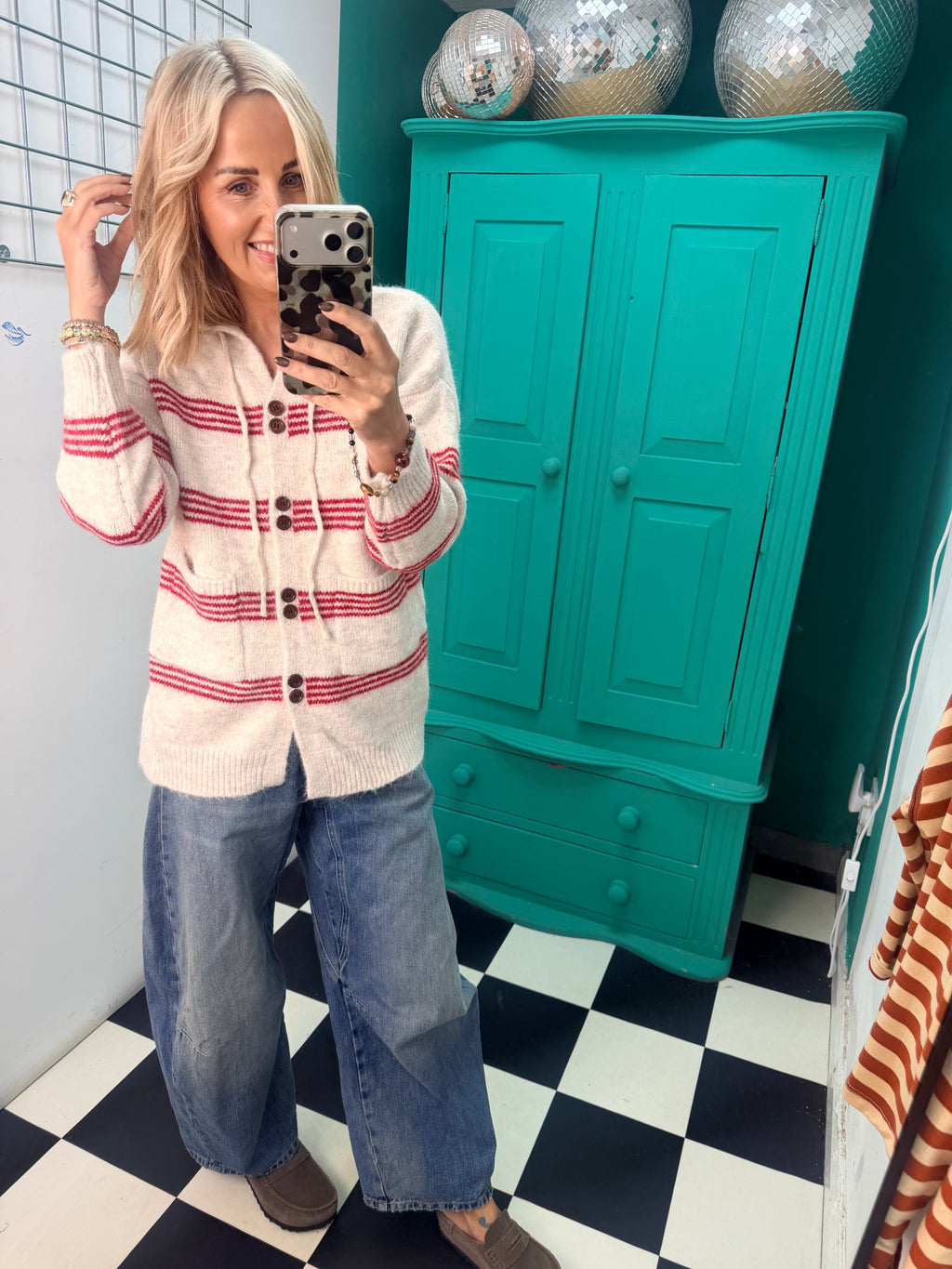 Stipe hooded cardigan Cream and Red