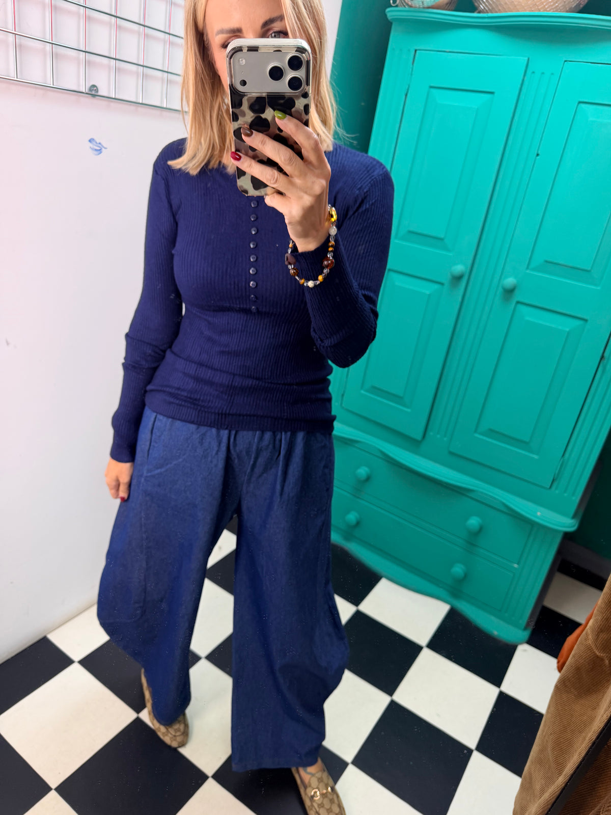 Ribbed Button Down Top Navy