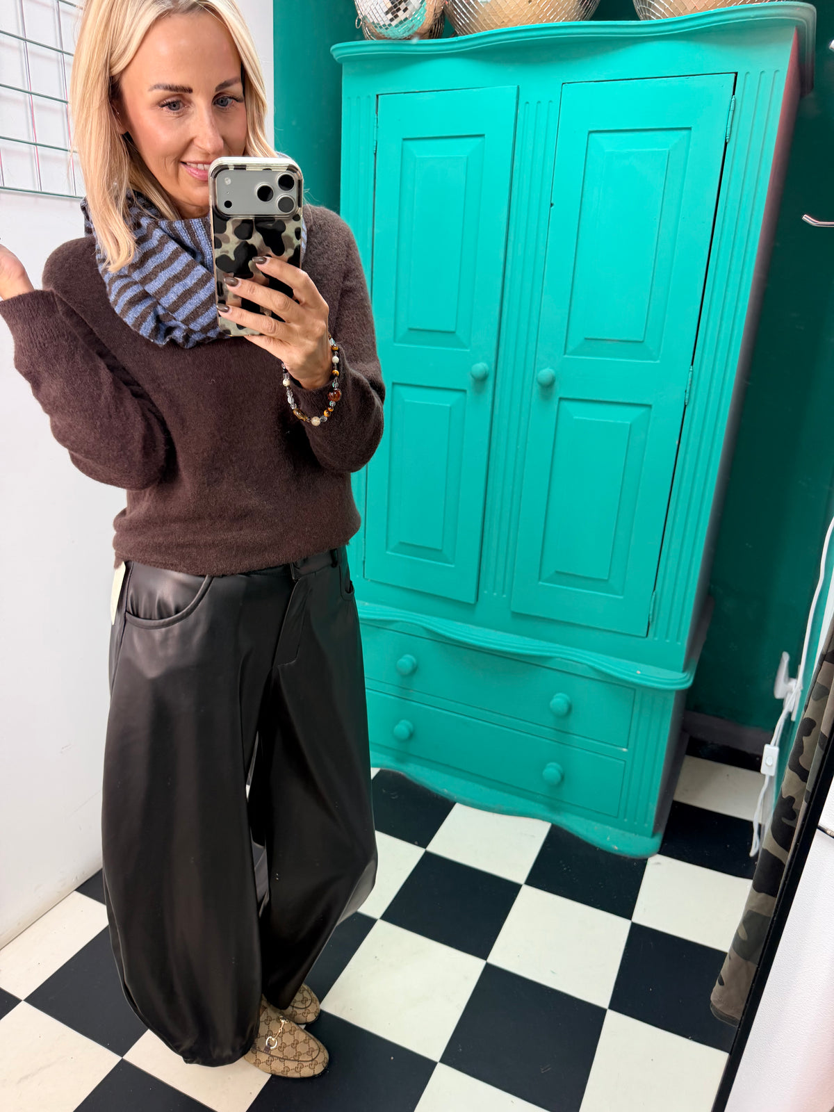 Blue and Mocha stripe knit scarf