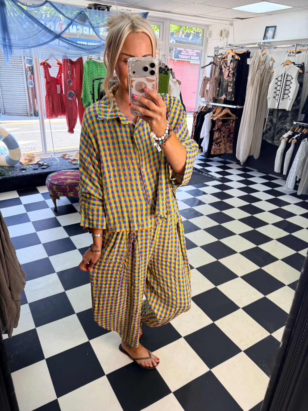 Neon Gingham barrel leg trouser Green and blue