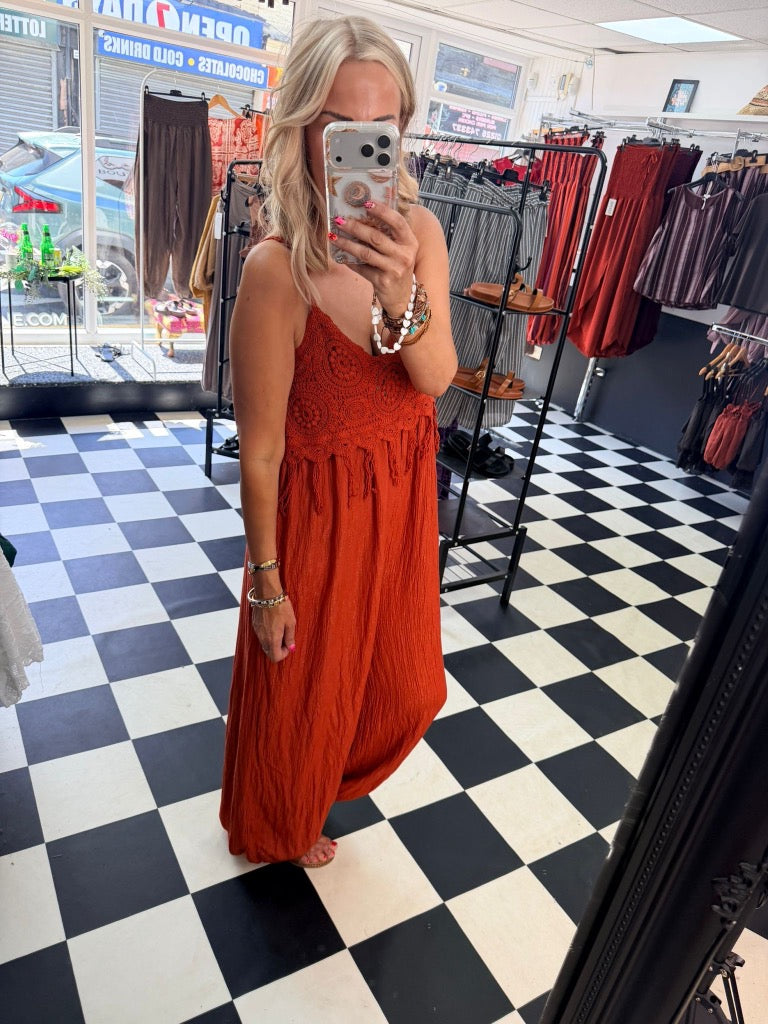Boho Crochet Jumpsuit Rust