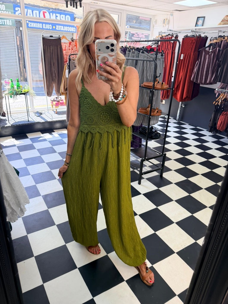 Boho Crochet Jumpsuit Green