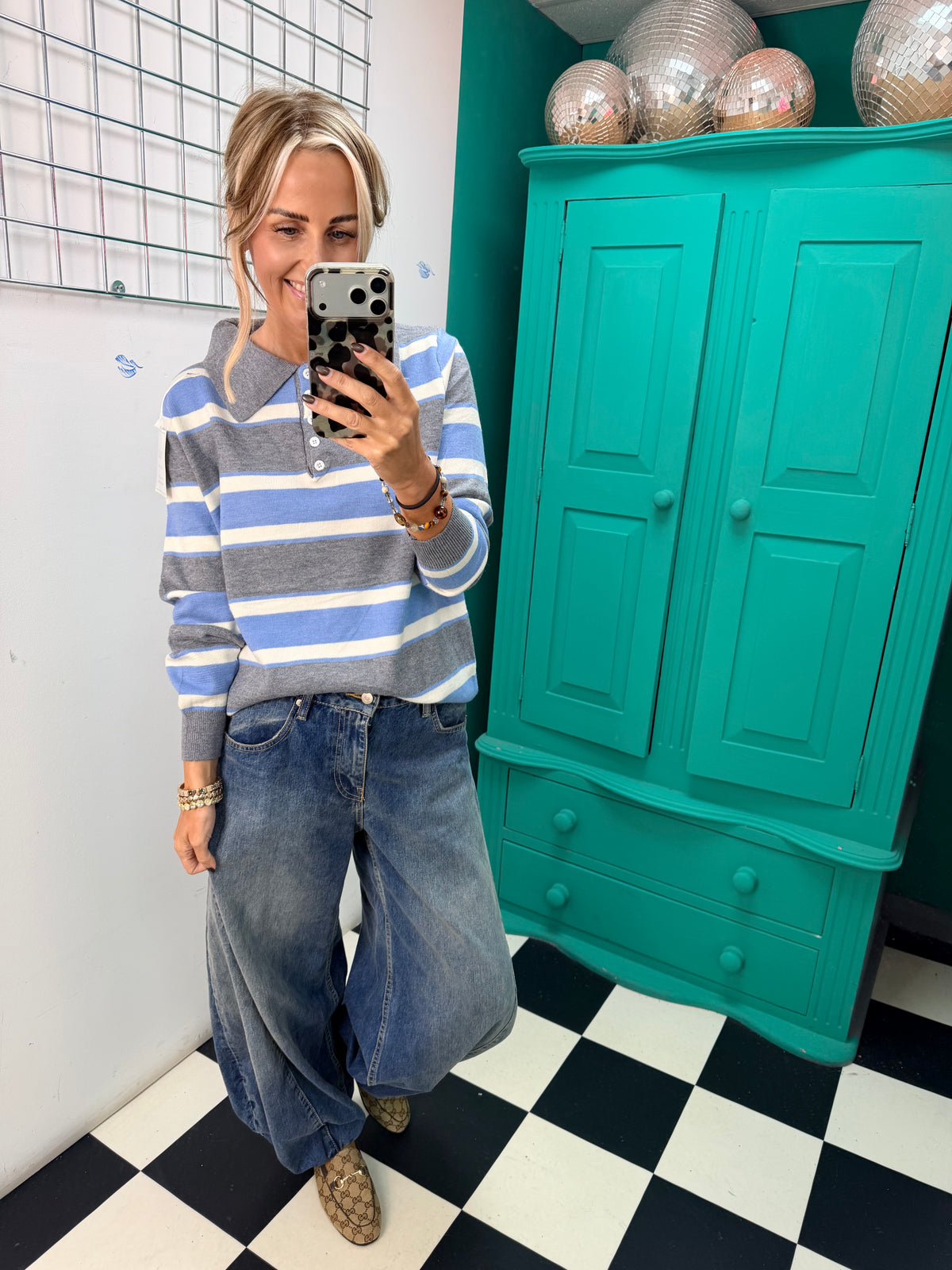 The Stripe Club Polo Jumper Blue-Grey-Cream Special buy