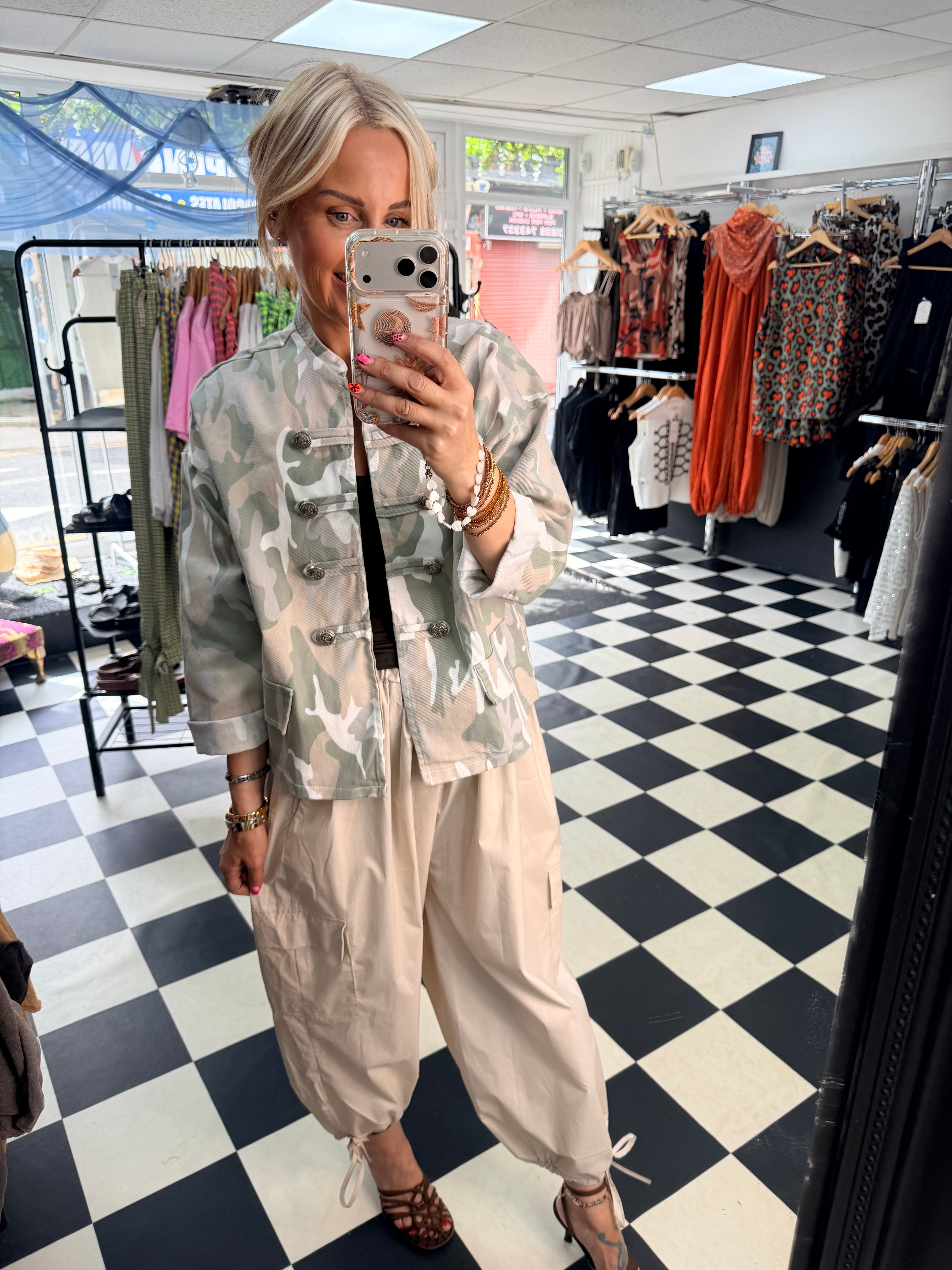 Camo Denim Military Jacket Light Beige
