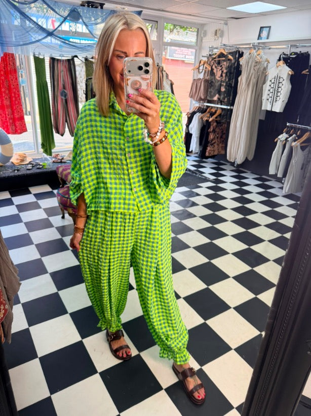 Neon Gingham Shirt Blue and green