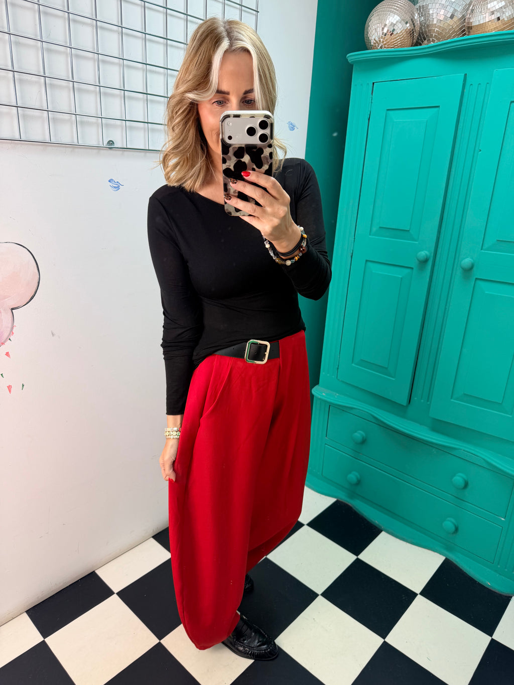 The Harper Half Belt Barrel Trousers Red Pre Order Due in within a week