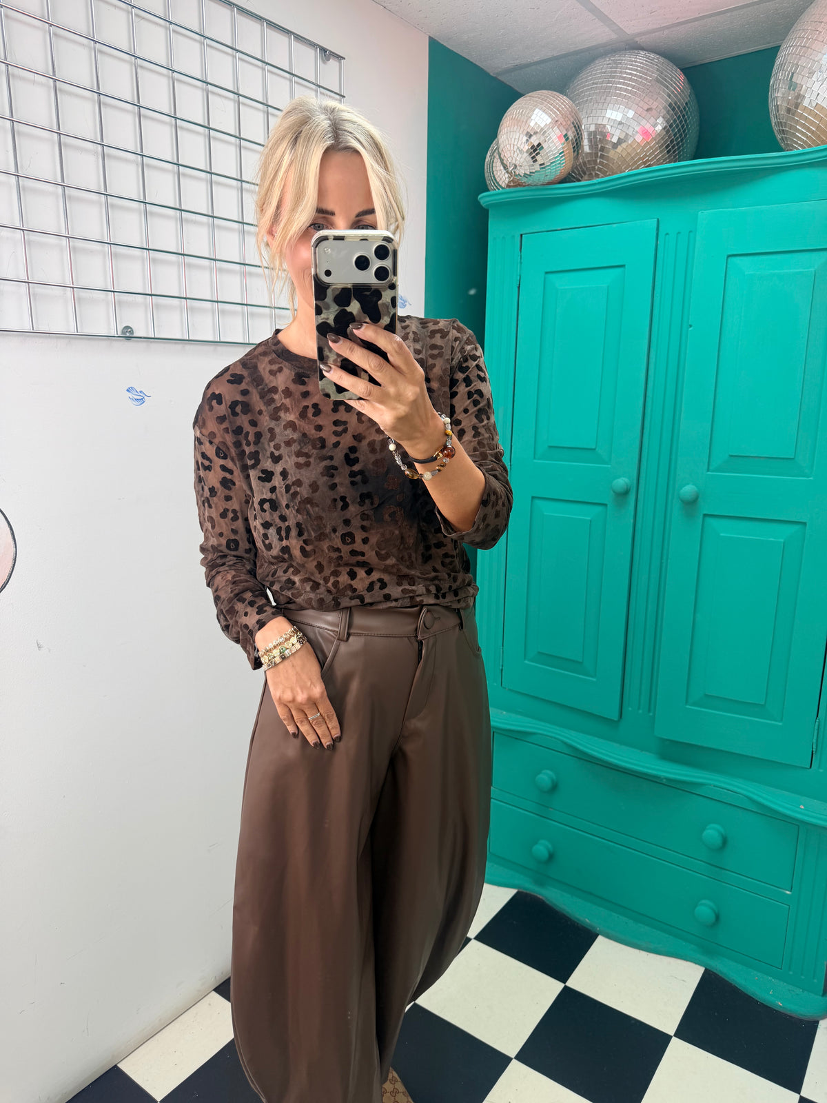 Bella Faux Leather Barrel Trousers Chocolate
