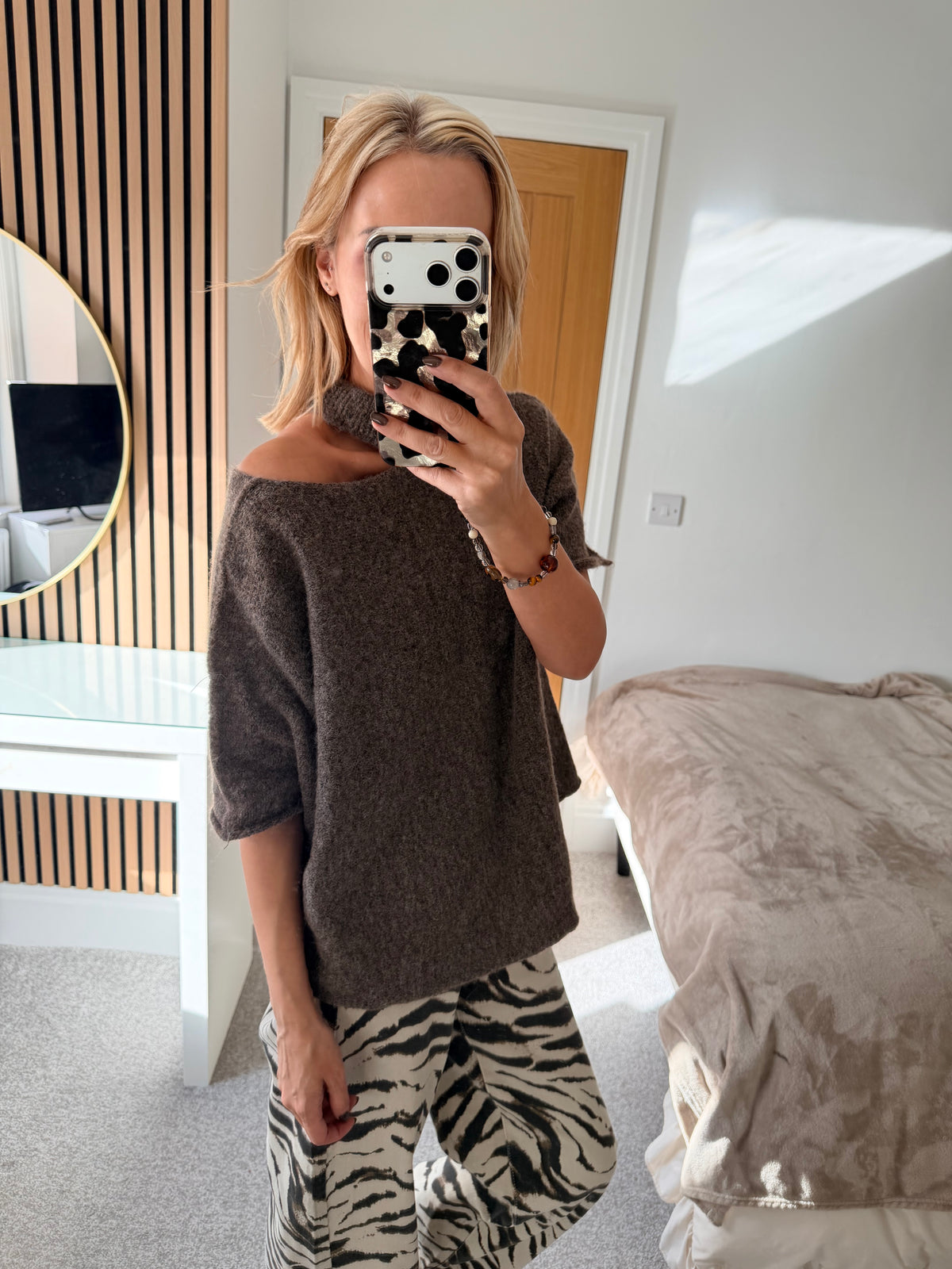 Slash Neck Jumper Mocha Short Sleeve
