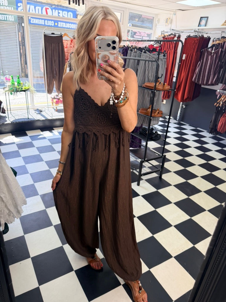 Boho Crochet Jumpsuit Chocolate