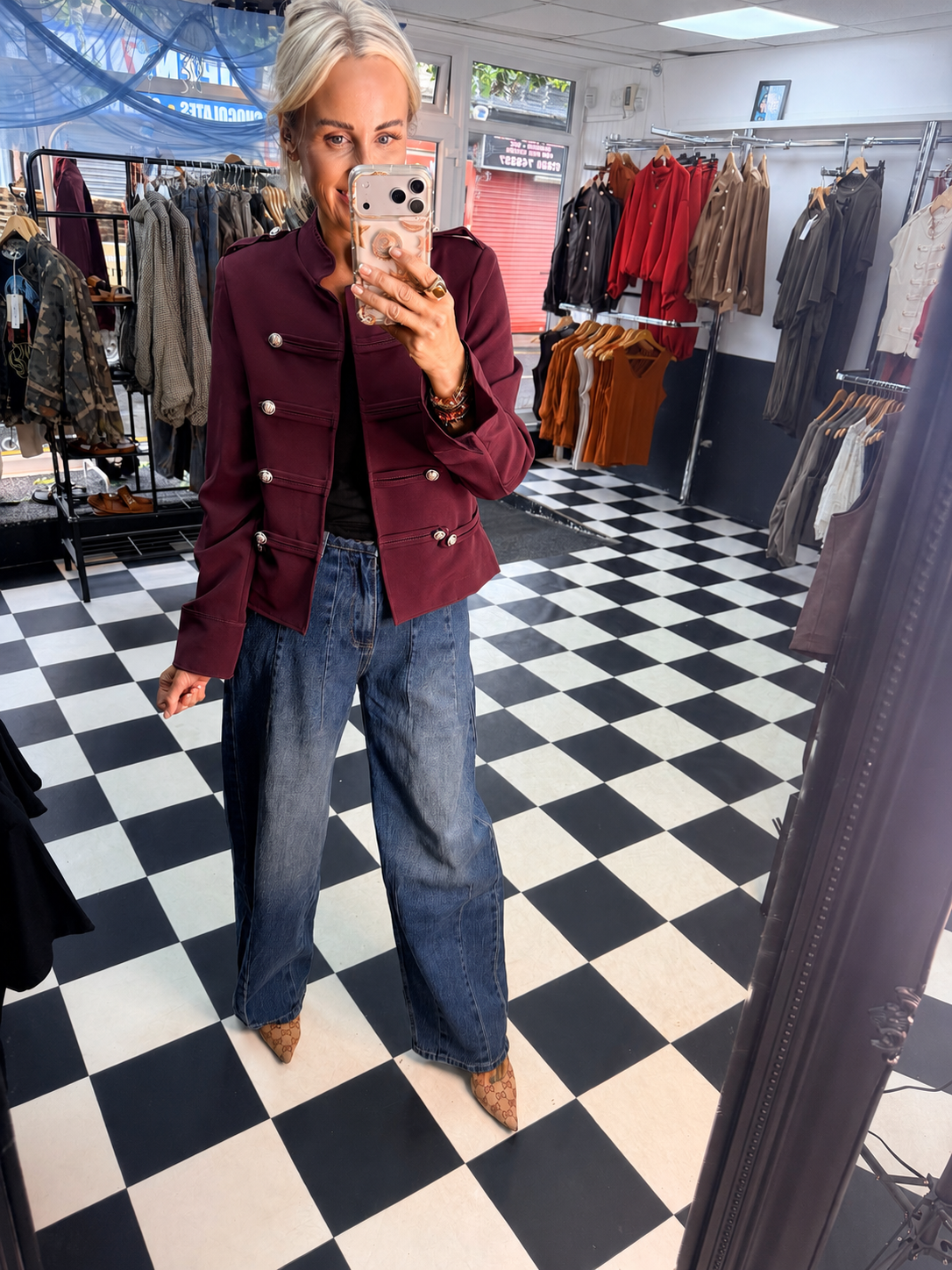 Cropped Military Long Sleeve Blazer Wine
