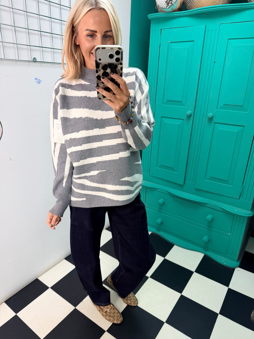 Turtle Neck Jumper Lightning Print Grey Special Buy