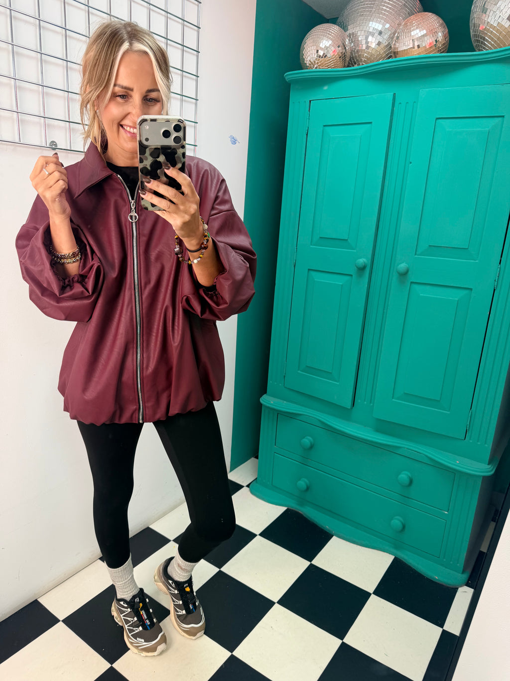City Chic Leather-Look Bomber Jacket Wine Special Buy